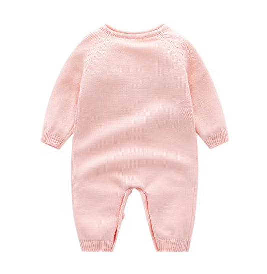 Barboteuse bébé fille en tricot de coton rose brodé motif floral avec bonnet – Kali
