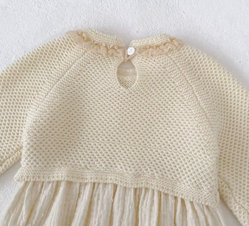 Chargez l'image dans la visionneuse de la galerie, Barboteuse bébé fille en coton et tricot ivoire – Automne-Hiver
