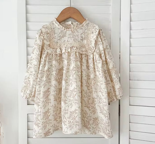 Robe fille vintage fleurie à manches longues et dentelle - Pré-commande