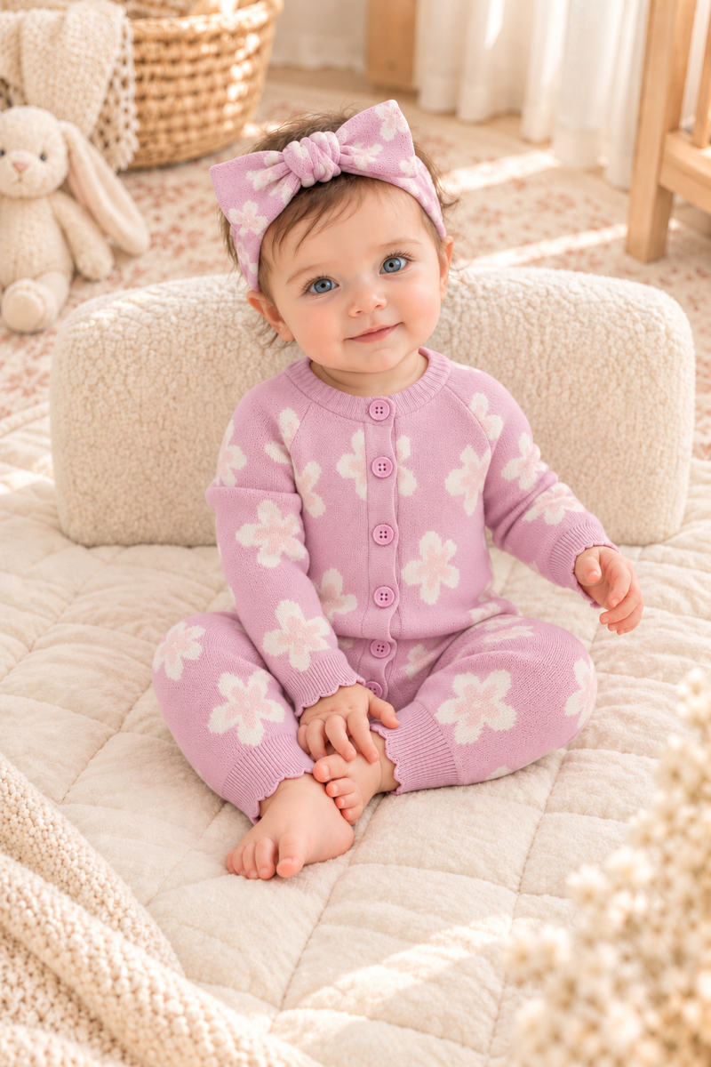 Chargez l'image dans la visionneuse de la galerie, Combinaison bébé fille en tricot rose à motifs floraux et boutons, avec bandeau assorti 🌸 -Pré-commande
