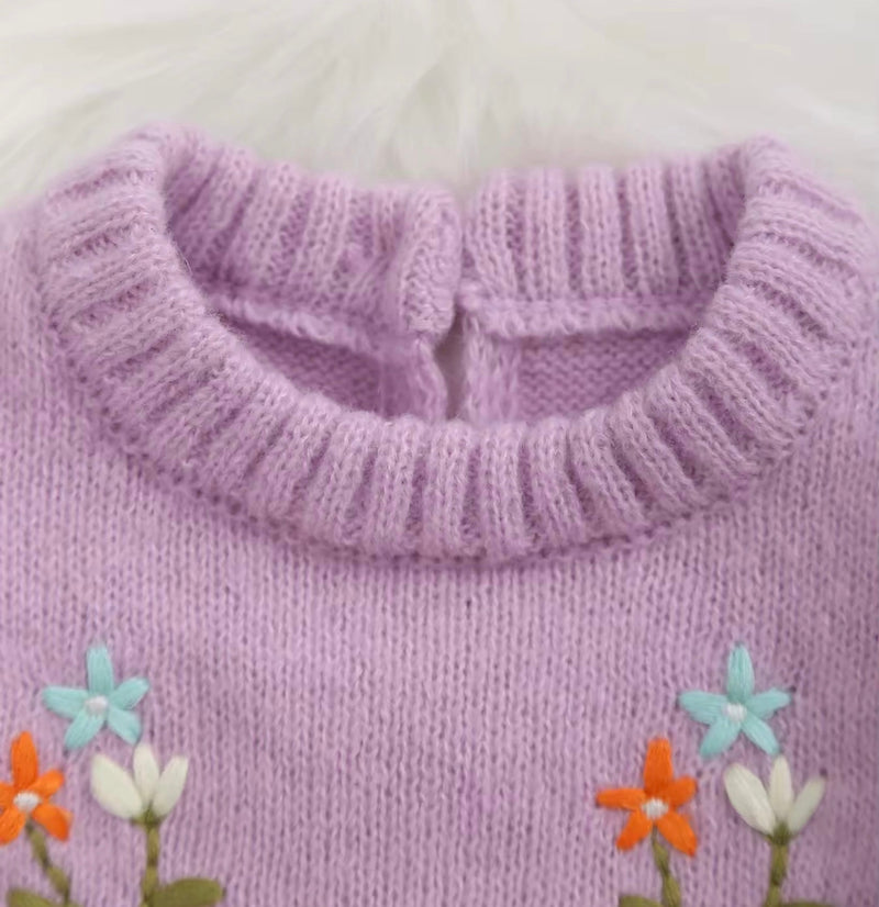 Load image into Gallery viewer, Lilac embroidered soft knit baby girl romper

