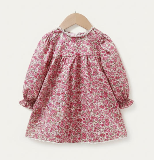 Girls' two-piece floral dress set with soft cardigan – Khaki Lilac
