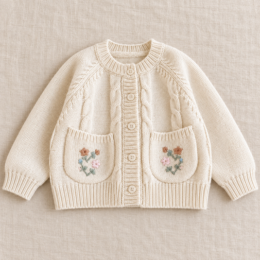 Cardigan fille en tricot ivoire à fleurs brodées - Pré-commande