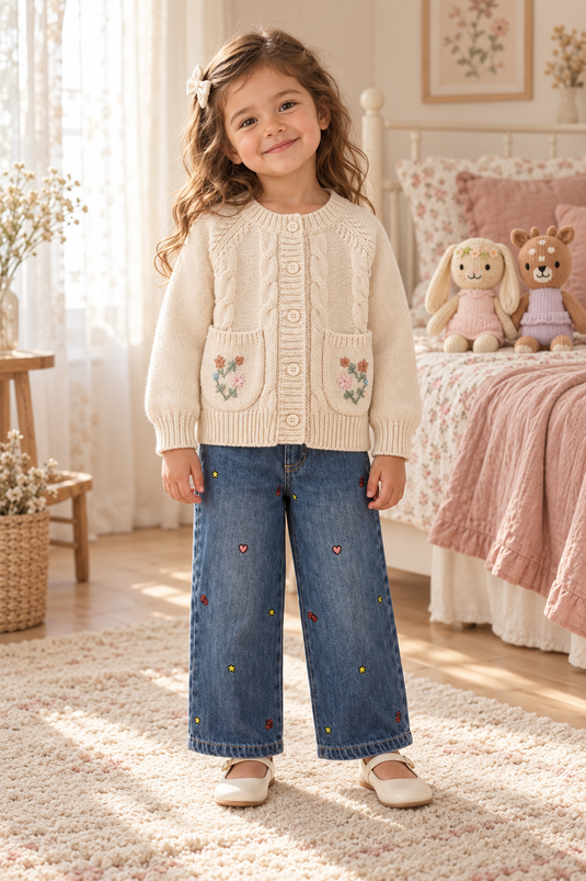 Cardigan fille en tricot ivoire à fleurs brodées - Pré-commande