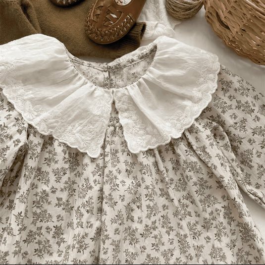 Robe bébé fille à fleurs beiges et bleues – Modèle Kali en coton doux