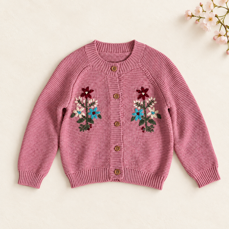Load image into Gallery viewer, Cardigan fille rose en tricot avec broderies florales - Pré-commande
