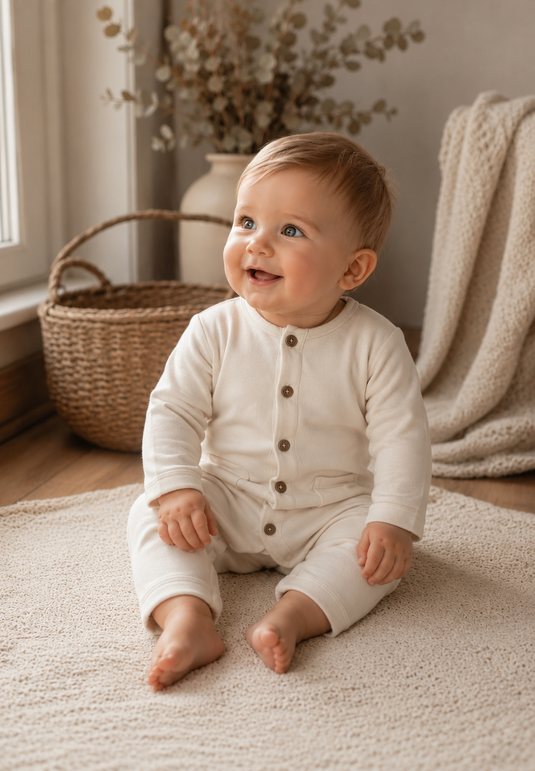 Organic cotton combination with matching bonnet for baby boy – Ivory