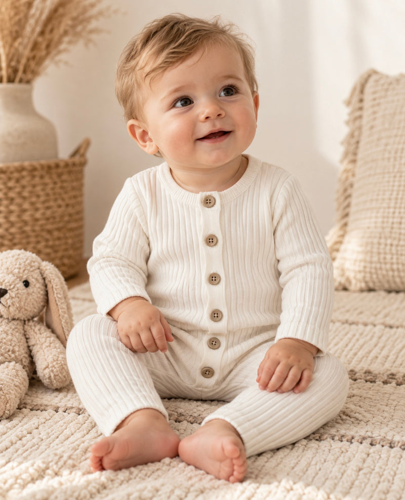 Load image into Gallery viewer, Baby girl's white knitted cotton long-sleeved romper
