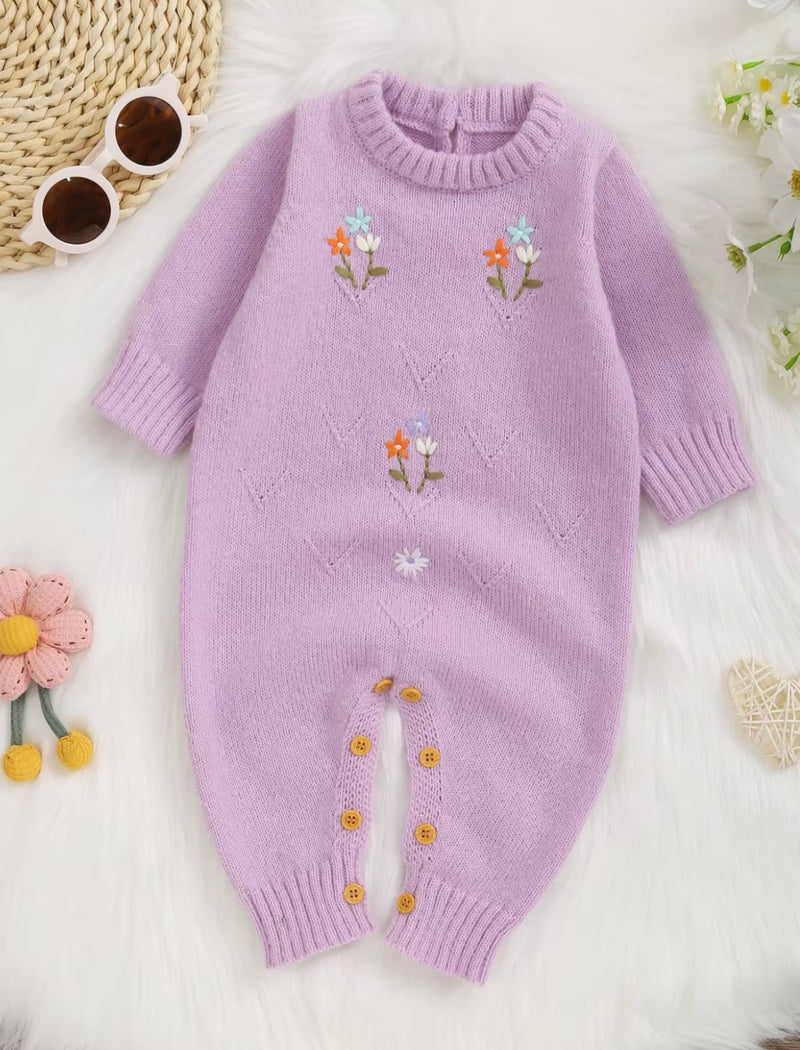 Load image into Gallery viewer, Lilac embroidered soft knit baby girl romper
