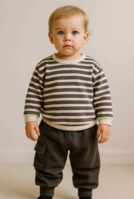 Chandail garçon coton épais rayé confortable– Kaki Lilas