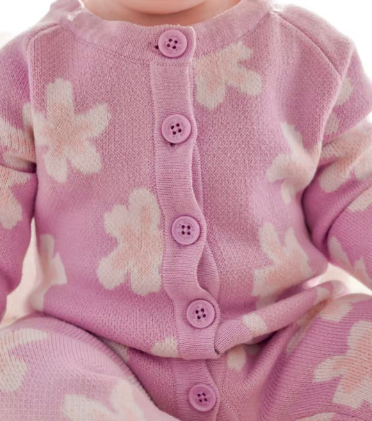 Combinaison bébé fille en tricot rose à motifs floraux et boutons, avec bandeau assorti 🌸 -Pré-commande