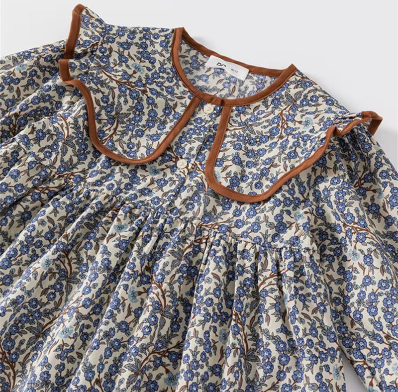 Chargez l&#39;image dans la visionneuse de la galerie, Robe fille bleu foncé avec col brun – Modèle Kali en coton doux
