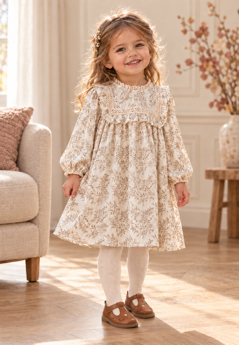 Load image into Gallery viewer, Robe fille vintage fleurie à manches longues et dentelle - Pré-commande

