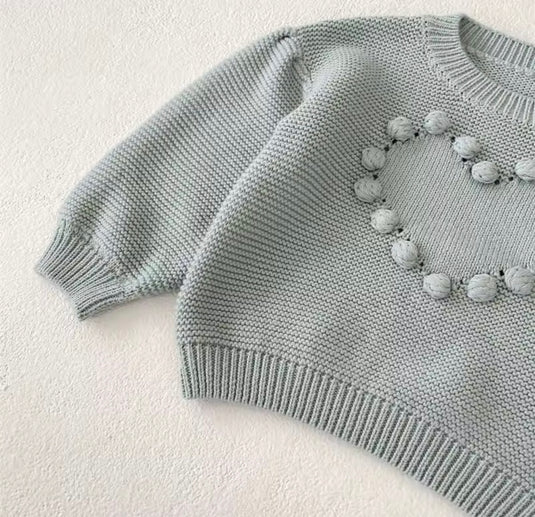 ✨ Pull bébé fille en coton doux avec cœur brodé – Kaki Lilas