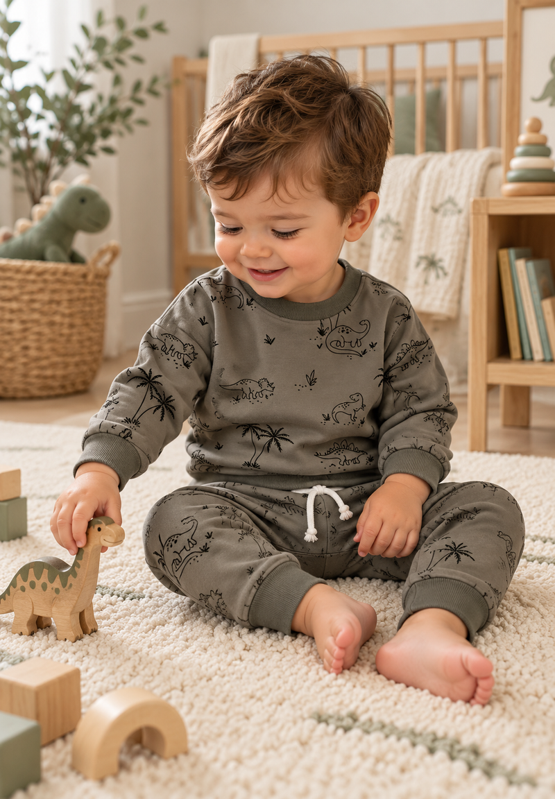 Chargez l'image dans la visionneuse de la galerie, Ensemble deux pièces pour bébé à motifs dinosaures – Kaki - Pré-commande
