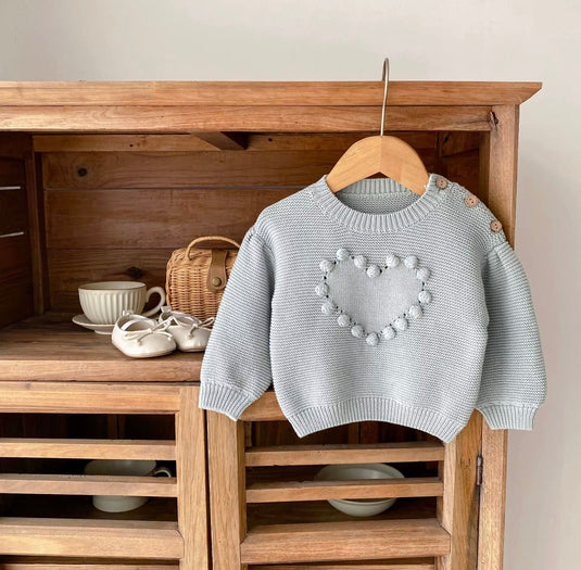 ✨ Pull bébé fille en coton doux avec cœur brodé – Kaki Lilas