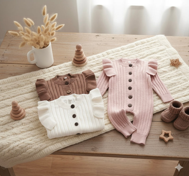 Load image into Gallery viewer, Soft Knit Baby Girl Romper – Khaki Lilac

