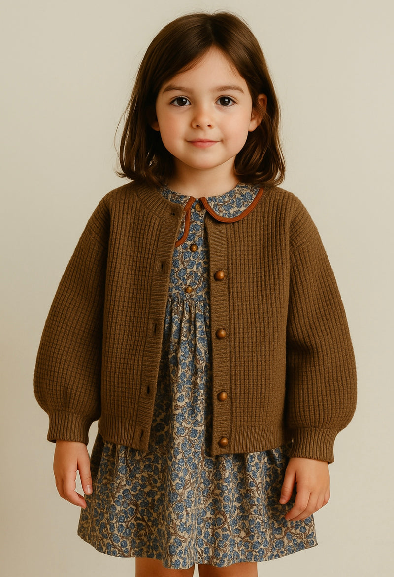 Chargez l&#39;image dans la visionneuse de la galerie, Cardigan vintage en tricot doux pour enfant – Kaki Lilas

