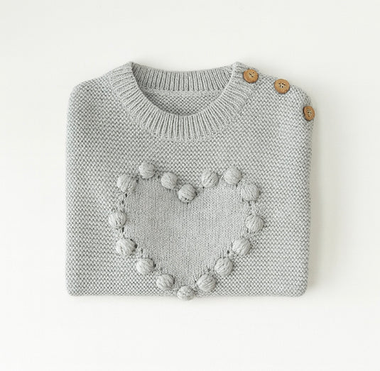 Pull bébé fille en coton doux avec cœur brodé – Kaki Lilas
