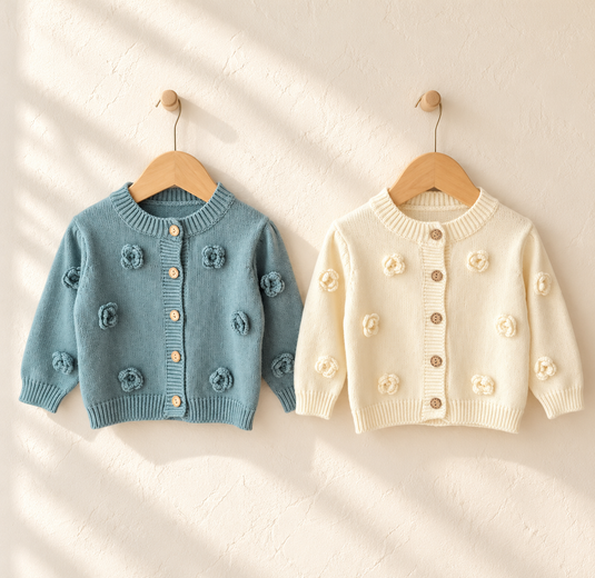 Cardigan bébé fille en tricot de coton à fleurs en relief – Kali 🤍 - Pré-commande