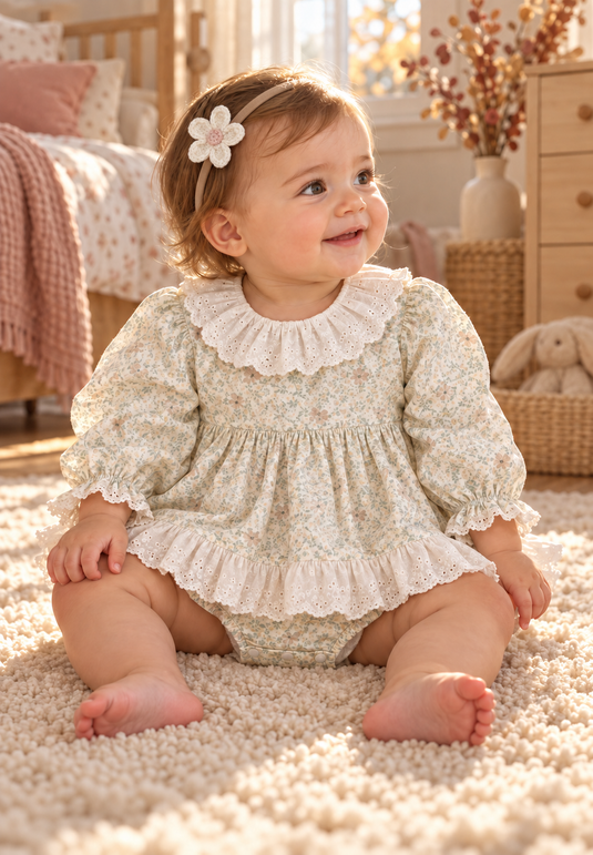 Robe-romper bébé fille à col Claudine avec broderie anglaise – Automne-Hiver