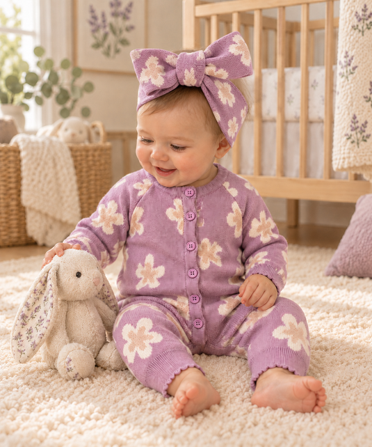 Combinaison bébé fille en tricot rose à motifs floraux et boutons, avec bandeau assorti 🌸