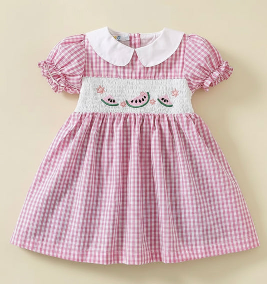 Pink checkered cotton dress for girls