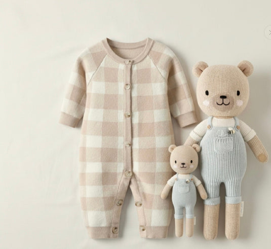Unisex beige checkered baby romper – Kali