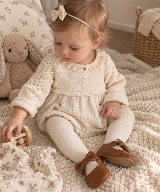 Barboteuse bébé fille en coton et tricot ivoire – Automne-Hiver