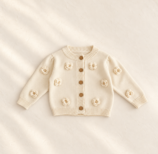 Cardigan bébé fille en tricot de coton à fleurs en relief – Kali 🤍 - Pré-commande