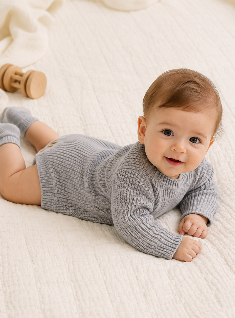 Load image into Gallery viewer, Baby boy autumn-winter organic knit romper – Lilac Khaki
