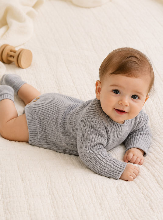 Baby boy autumn-winter organic knit romper – Lilac Khaki
