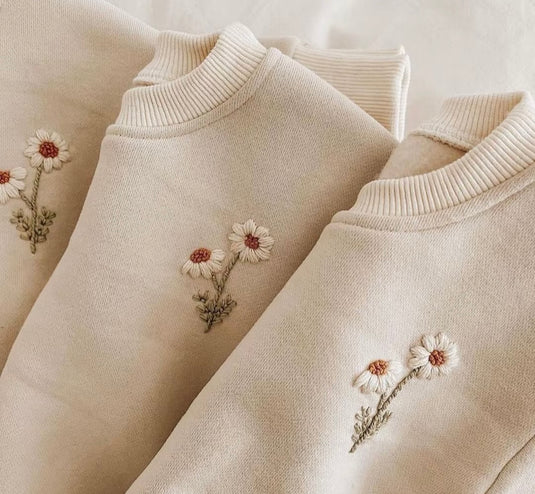 Ensemble fille molletonné à fleurs brodées – Ivoire 🤍 - Pré-commande