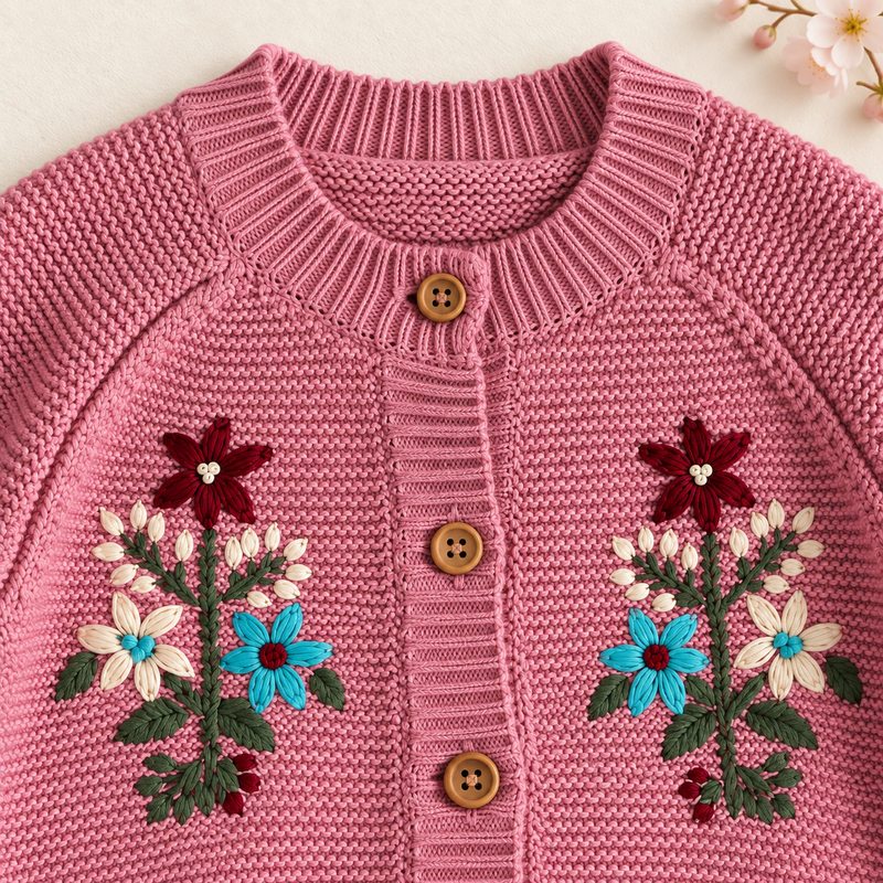 Load image into Gallery viewer, Cardigan fille rose en tricot avec broderies florales - Pré-commande
