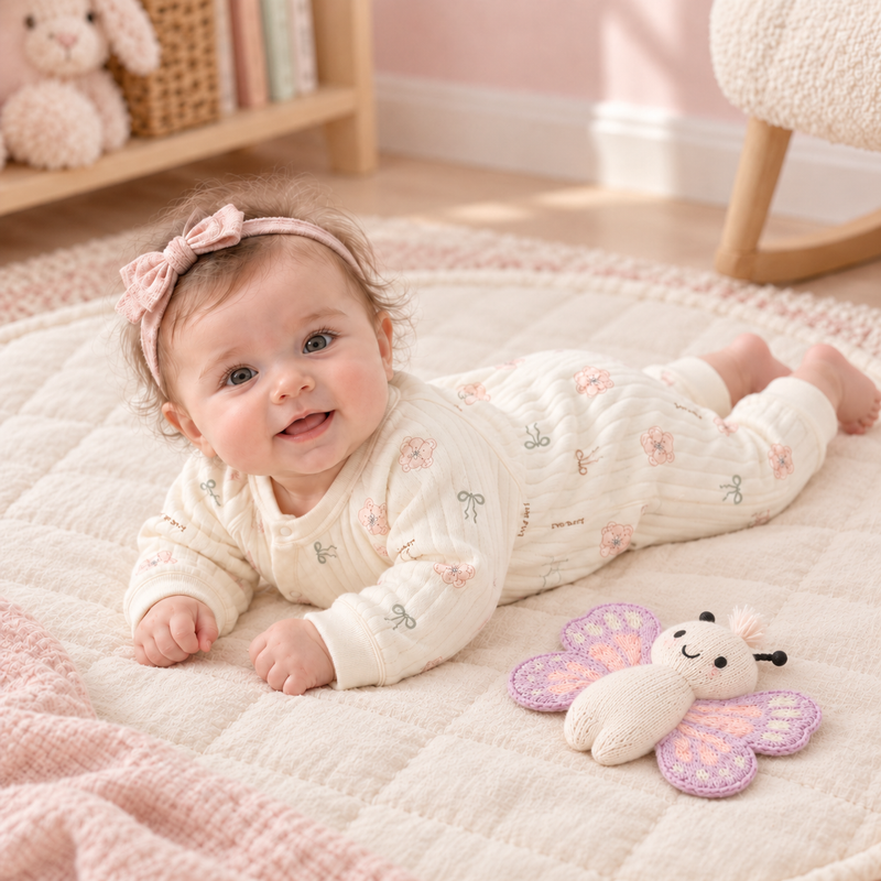Load image into Gallery viewer, Combinaison bébé matelassée à motifs oursons roses et boucles – Ivoire 🤍 Pre-commande
