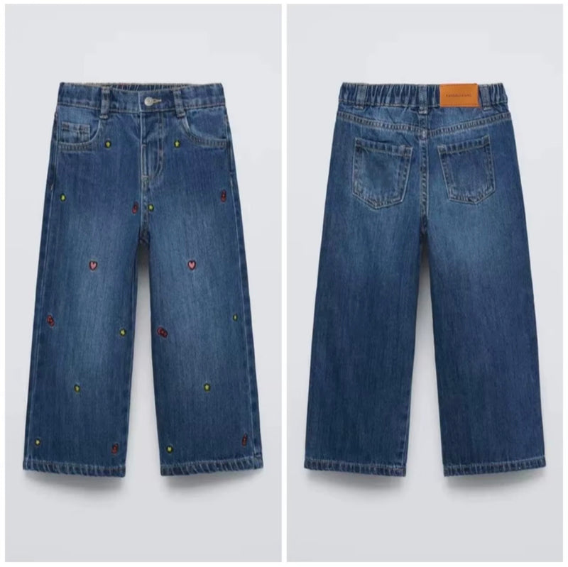 Chargez l'image dans la visionneuse de la galerie, Jeans fille à jambes larges et petits motifs brodés -Pre-commande
