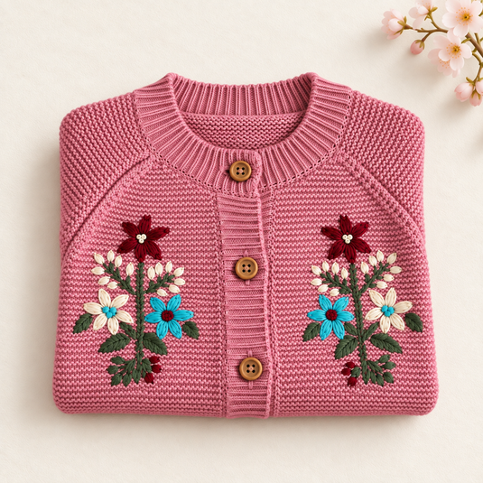 Cardigan fille rose en tricot avec broderies florales - Pré-commande
