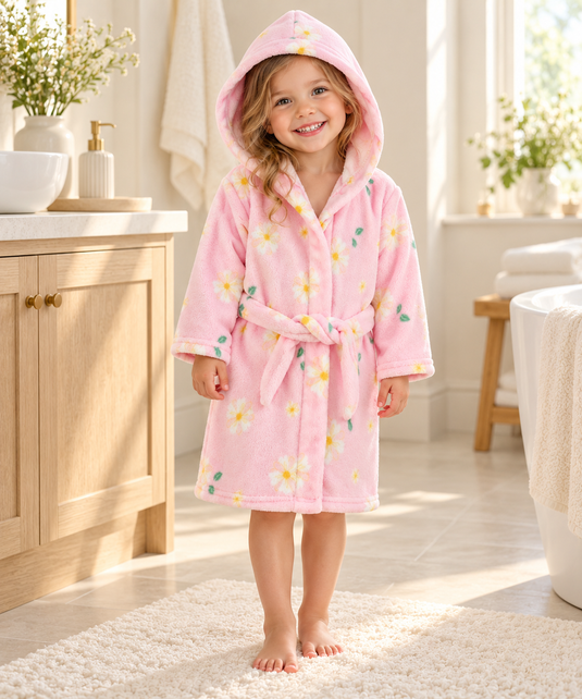Peignoir fille à capuche en flanelle douce – Rose fleuri 🌸 - Pré-commande