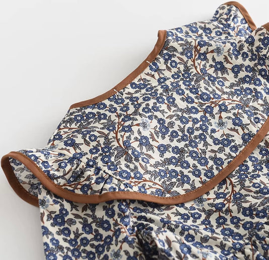 Robe fille bleu foncé avec col brun – Modèle Kali en coton doux