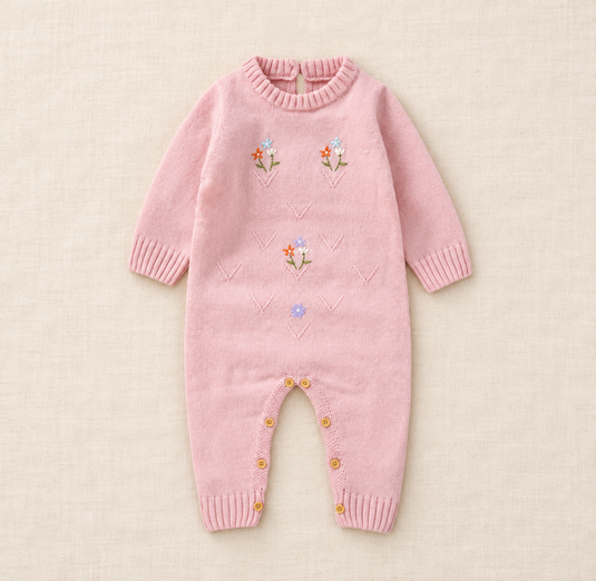 Combinaison bébé fille en tricot rose à broderies florales - Pré-commande