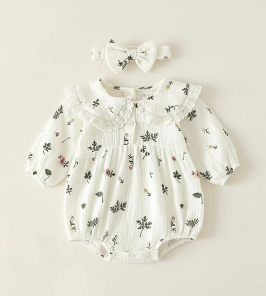 Floral cotton baby romper with matching headband