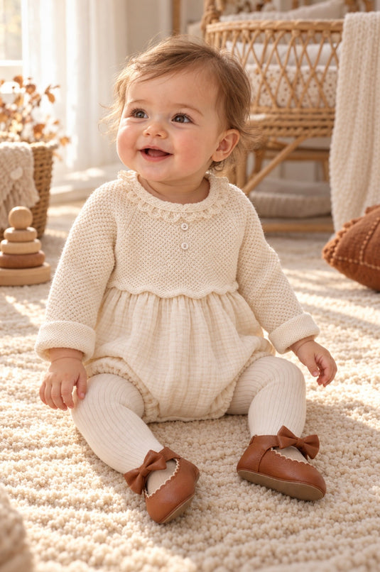 Barboteuse bébé fille en coton et tricot ivoire – Automne-Hiver