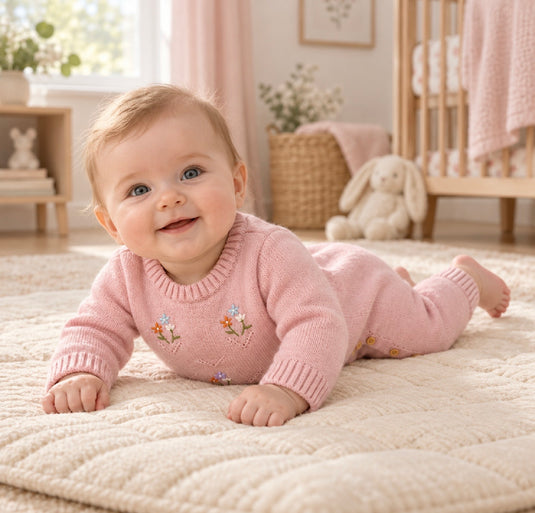 Combinaison bébé fille en tricot rose à broderies florales Pré-commande